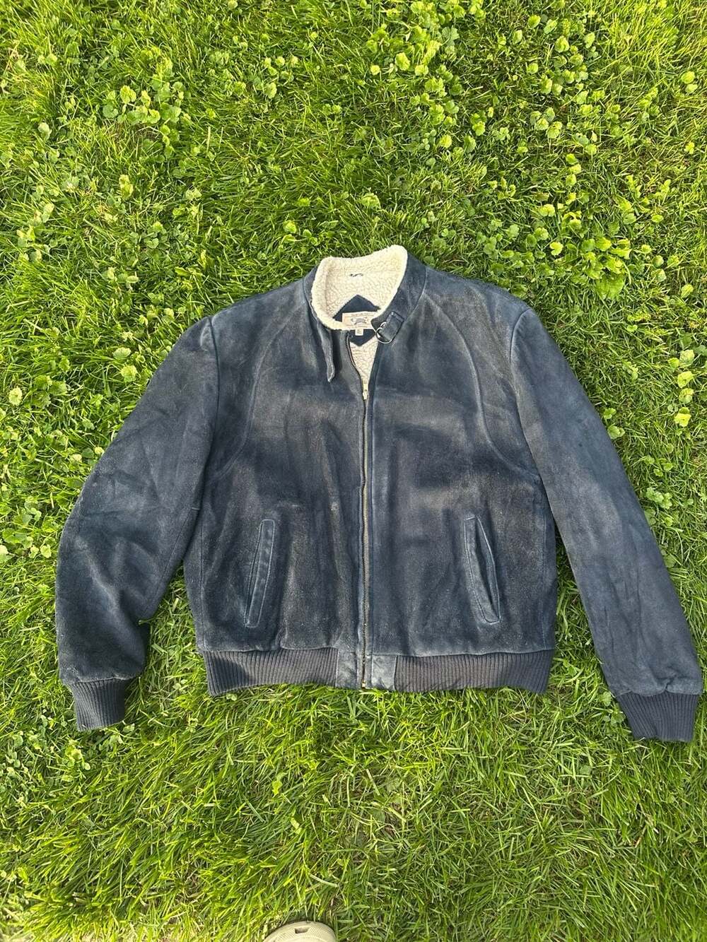 Vintage The Fox Collection Navy Blue Suede Leather Bomber Sherpa Lined XL Tall